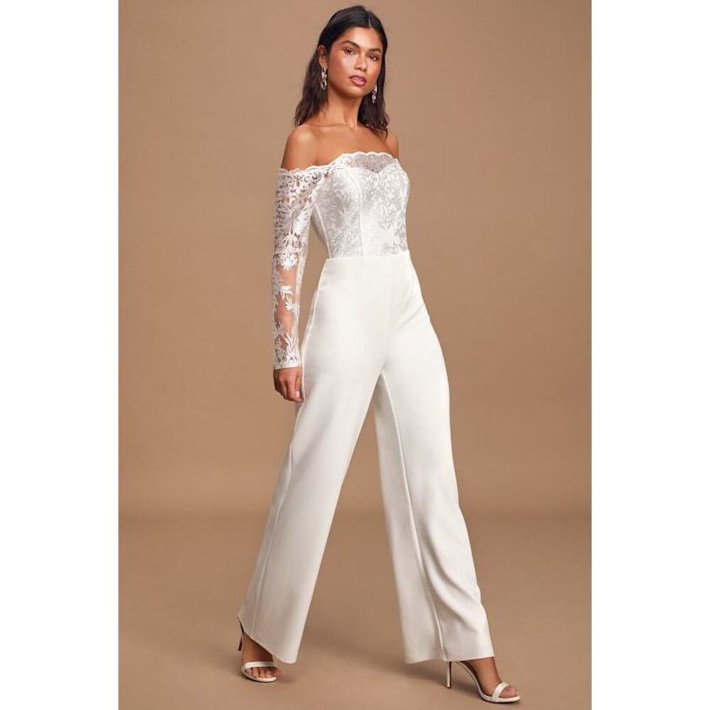 Lulus Carried By Love White Lace Off-the-shoulder Wide-leg Jumpsuit - Size M